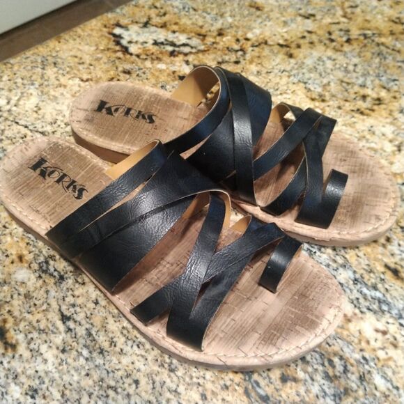 Korks Clemmons Strappy Slides Sandals Black Leather Cork Footbed Women's 8.5M - Picture 2 of 12